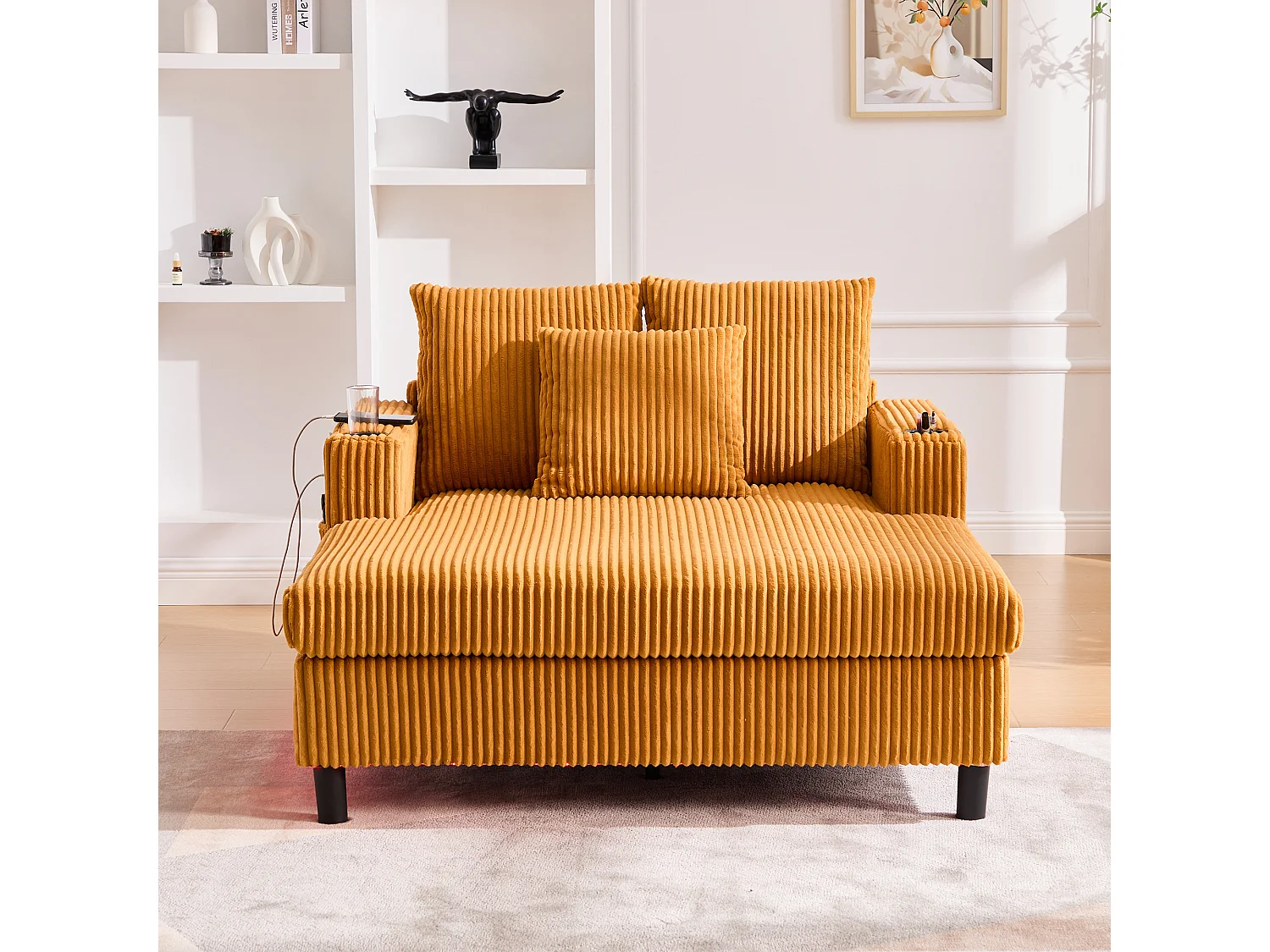 Canapé lounge en peluche jaune avec port USB, éclairage LED et porte-gobelets