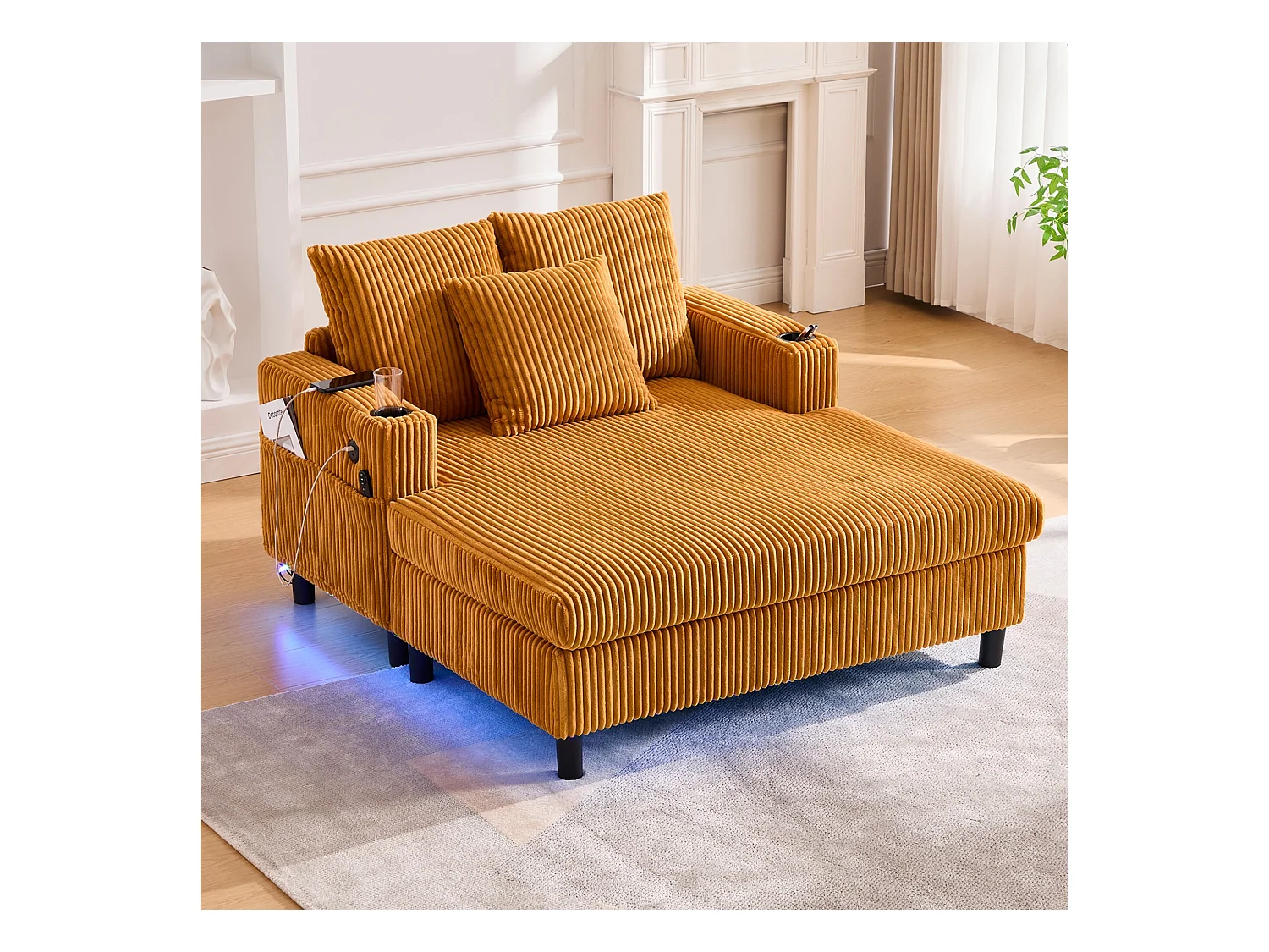 Canapé lounge en peluche jaune avec port USB, éclairage LED et porte-gobelets