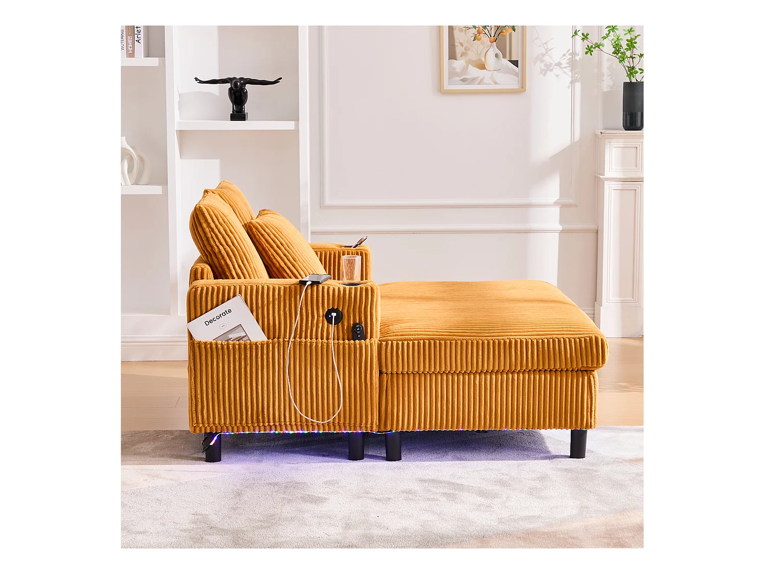 Canapé lounge en peluche jaune avec port USB, éclairage LED et porte-gobelets