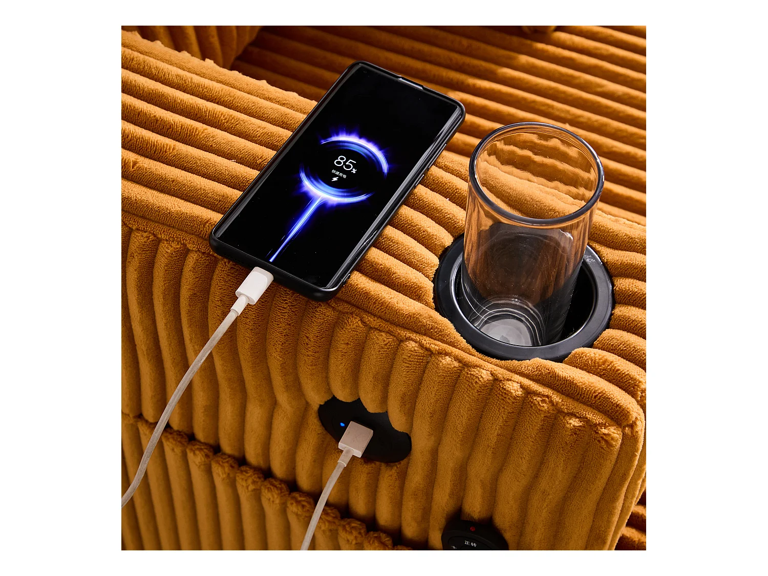 Canapé lounge en peluche jaune avec port USB, éclairage LED et porte-gobelets