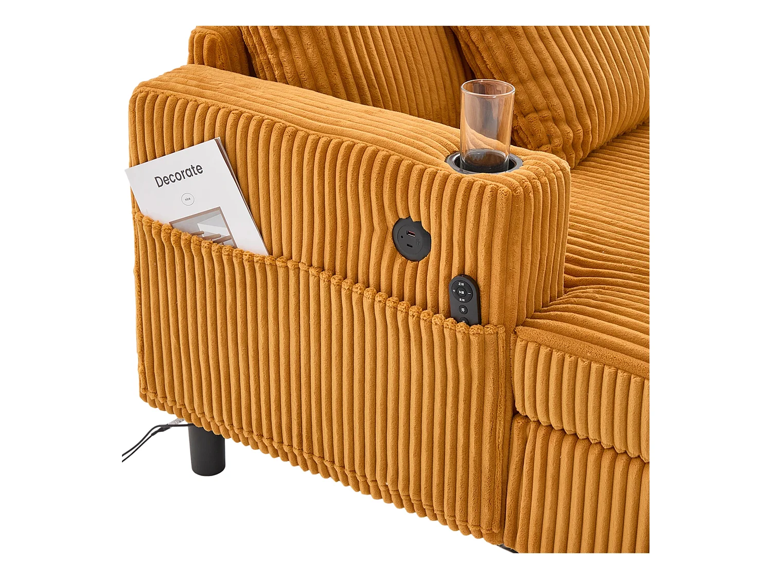 Canapé lounge en peluche jaune avec port USB, éclairage LED et porte-gobelets