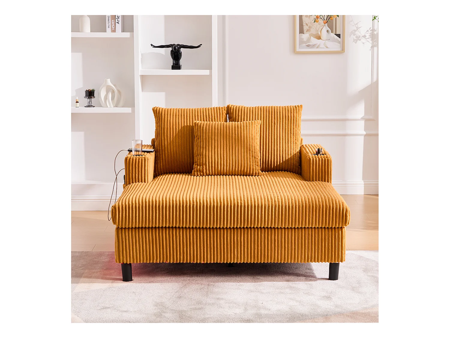 Canapé lounge en peluche jaune avec port USB, éclairage LED et porte-gobelets