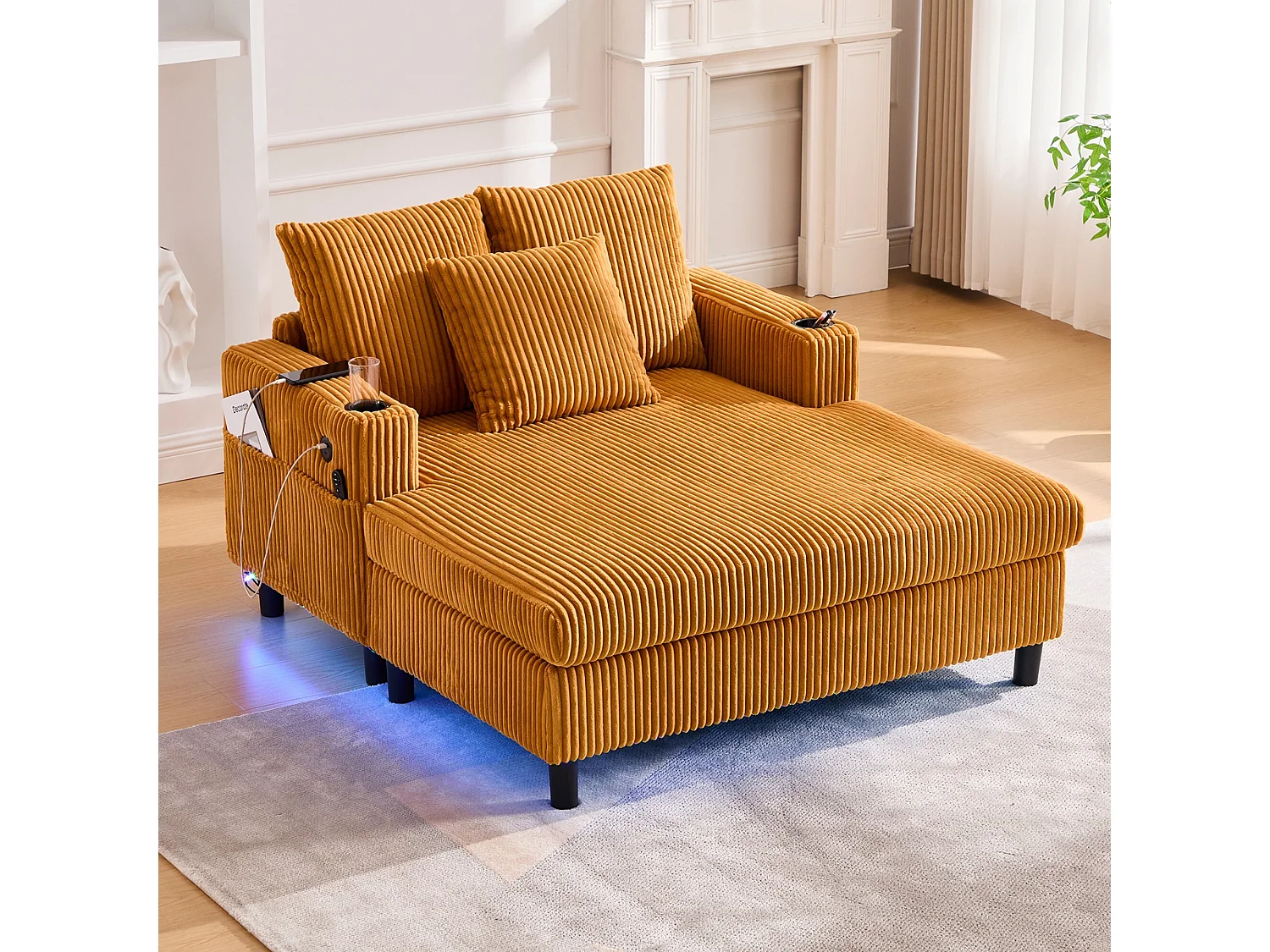 Loungebank van geel pluche met USB-poort, LED-verlichting en bekerhouders