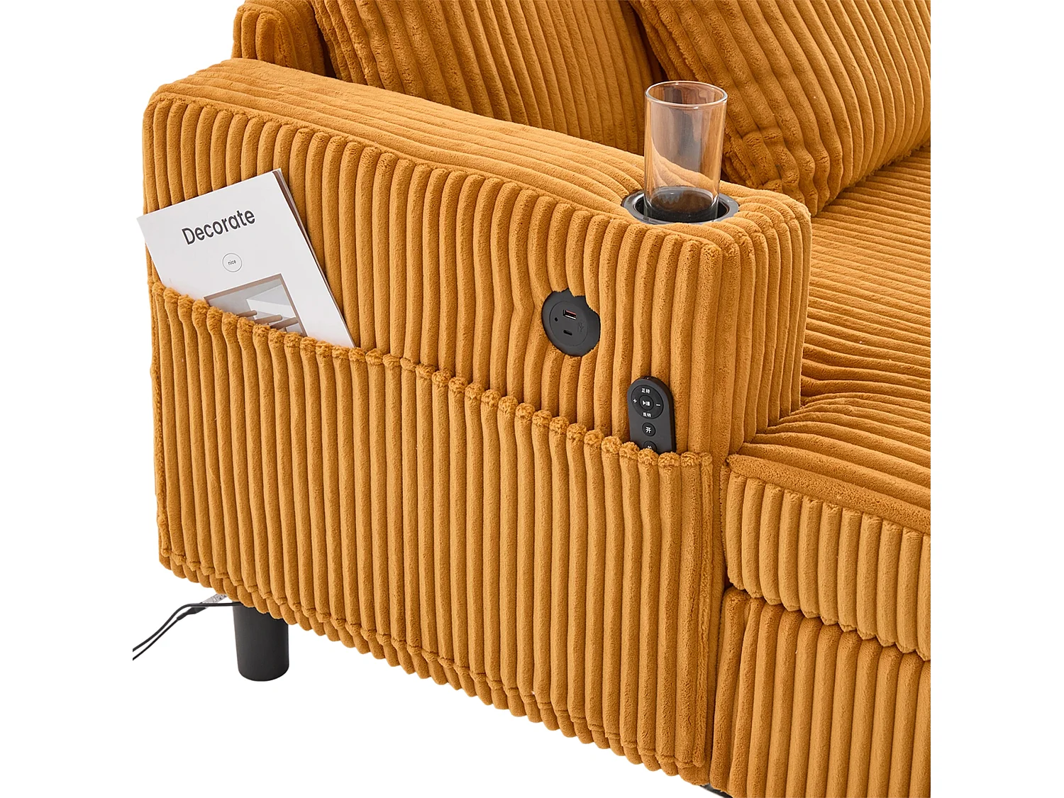 Loungebank van geel pluche met USB-poort, LED-verlichting en bekerhouders