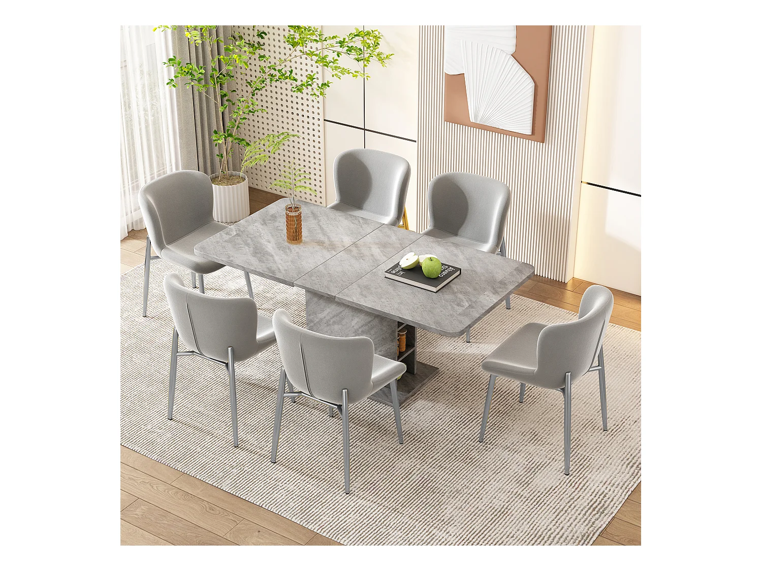 Lot de 6 chaises de salle à manger en velours gris, dossier rembourré et pieds en métal argenté