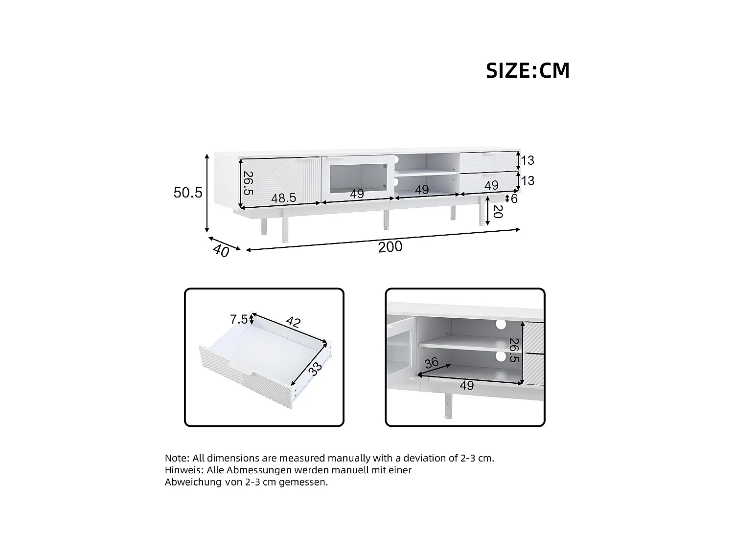 Szafka RTV biała z 2 drzwiczkami i 2 szufladami, otwarte półki - Do salonu i biura