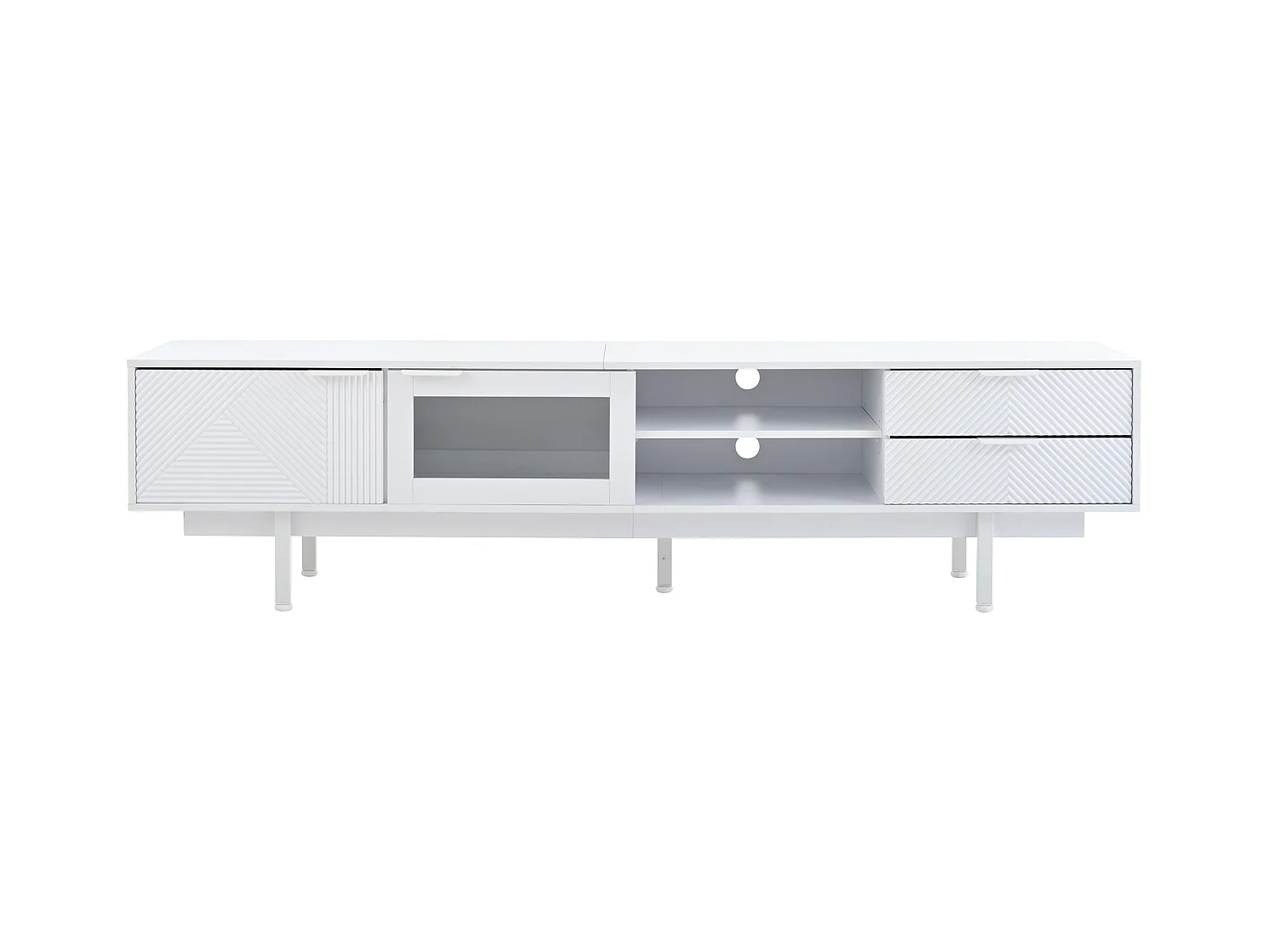 Szafka RTV biała z 2 drzwiczkami i 2 szufladami, otwarte półki - Do salonu i biura