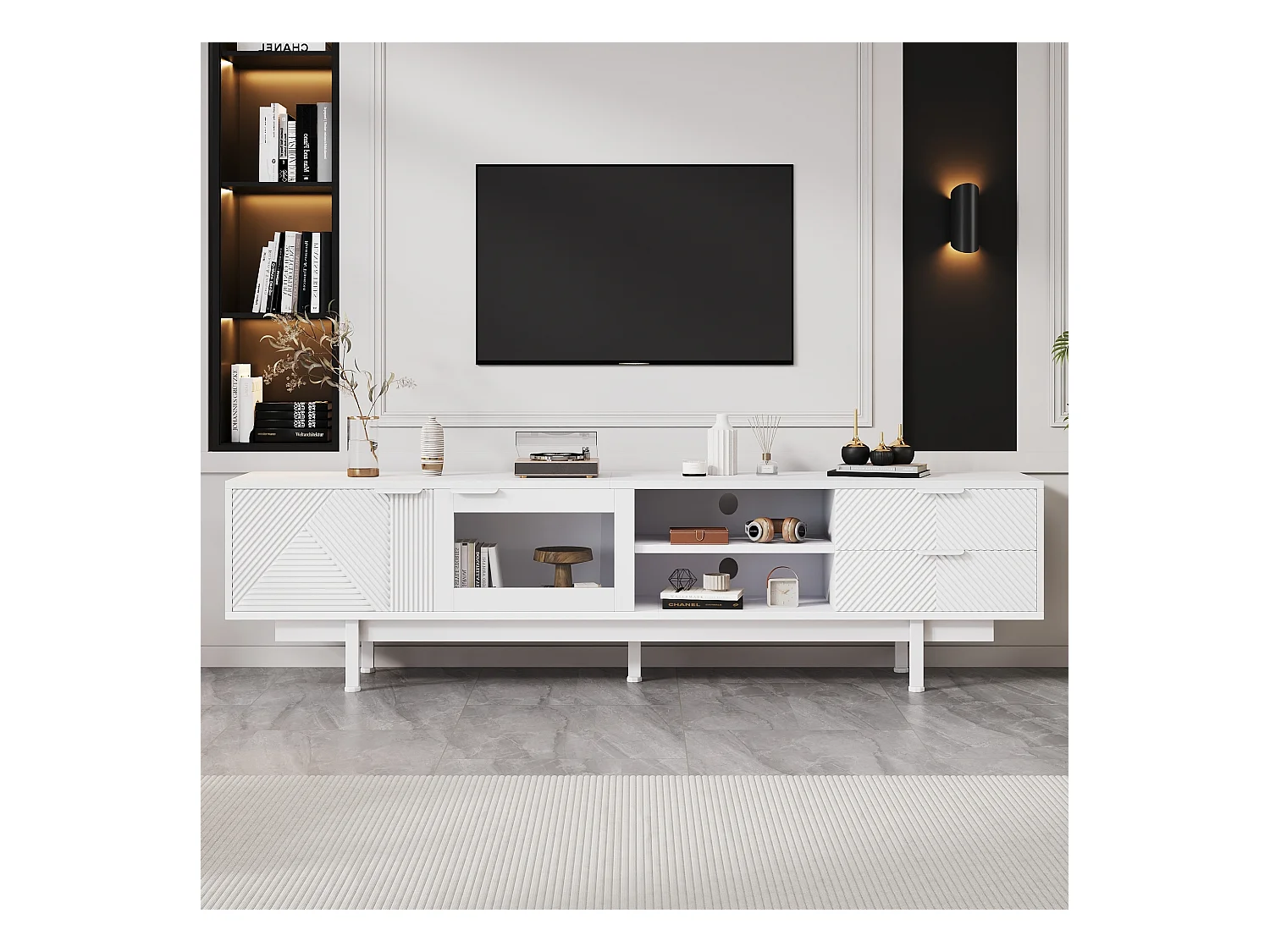 Meuble TV blanc avec 2 portes et 2 tiroirs, étagères ouvertes - pour salon et bureaux
