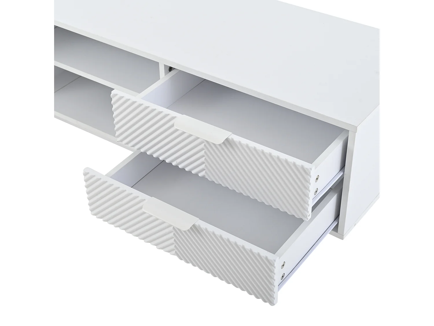 Meuble TV blanc avec 2 portes et 2 tiroirs, étagères ouvertes - pour salon et bureaux