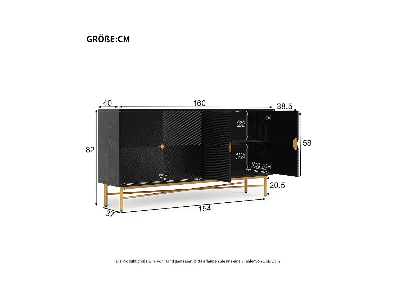 Buffet noir avec 4 portes, poignées et pieds dorés - pour salon et salle à manger