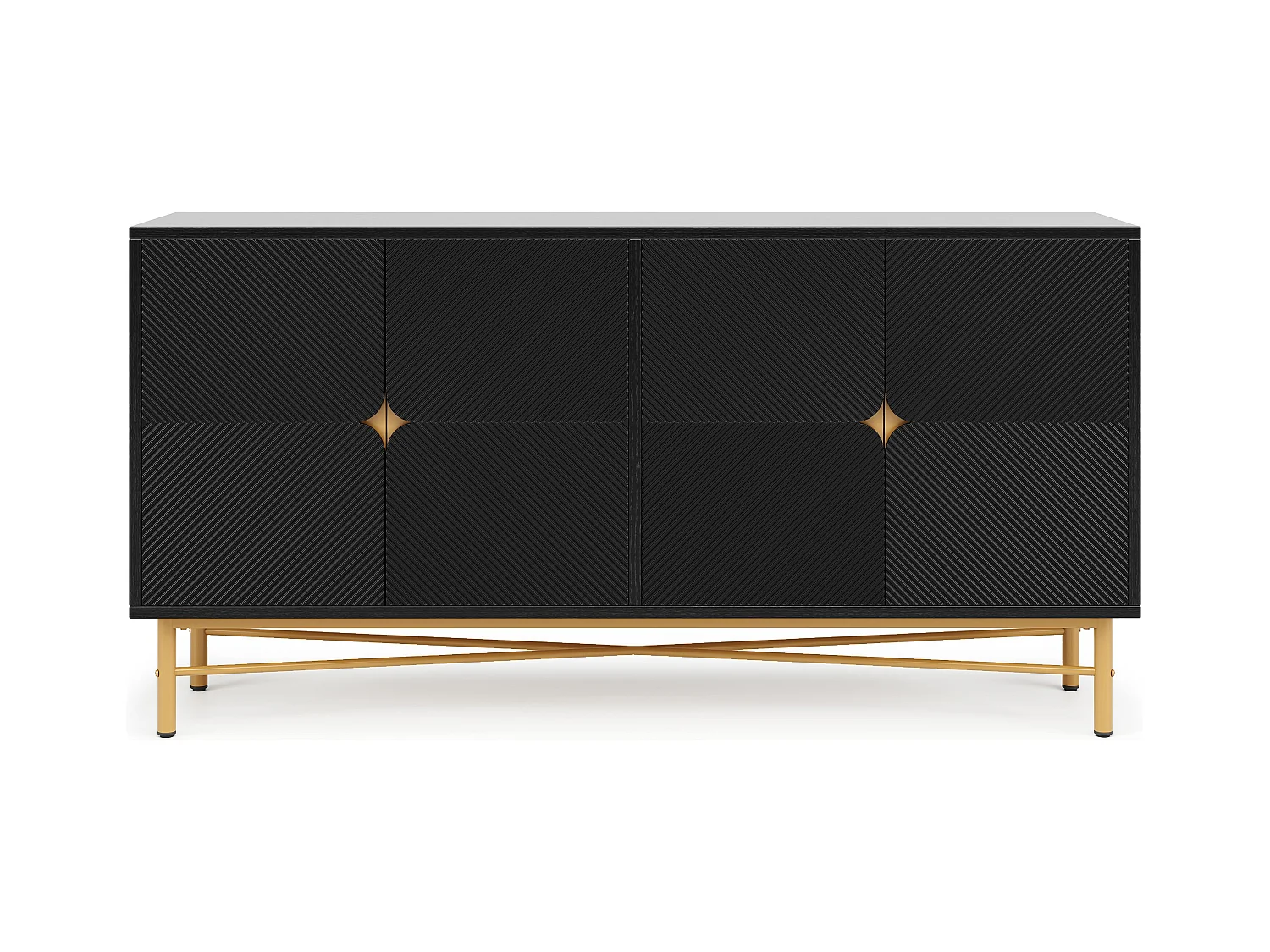 Buffet noir avec 4 portes, poignées et pieds dorés - pour salon et salle à manger
