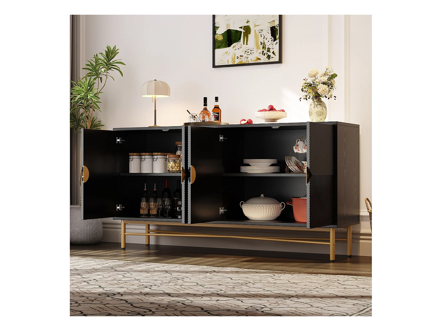 Schwarzes Buffet mit 4 Türen, Griffen und goldenen Füßen – für Wohnzimmer und Esszimmer