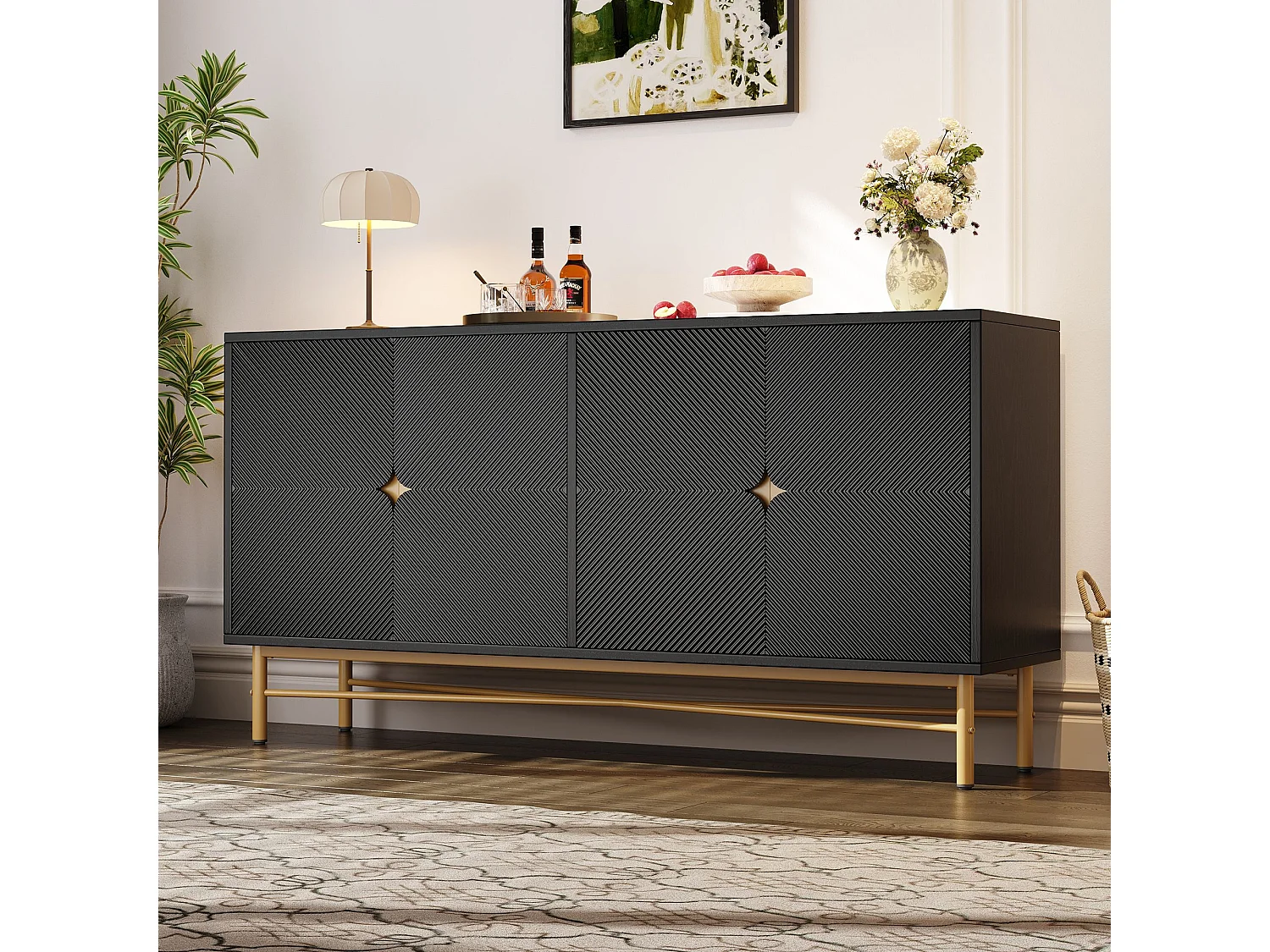 Buffet noir avec 4 portes, poignées et pieds dorés - pour salon et salle à manger