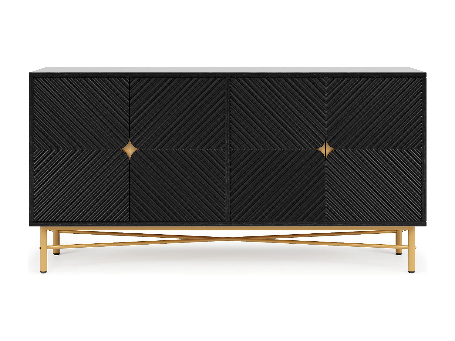 Buffet noir avec 4 portes, poignées et pieds dorés - pour salon et salle à manger