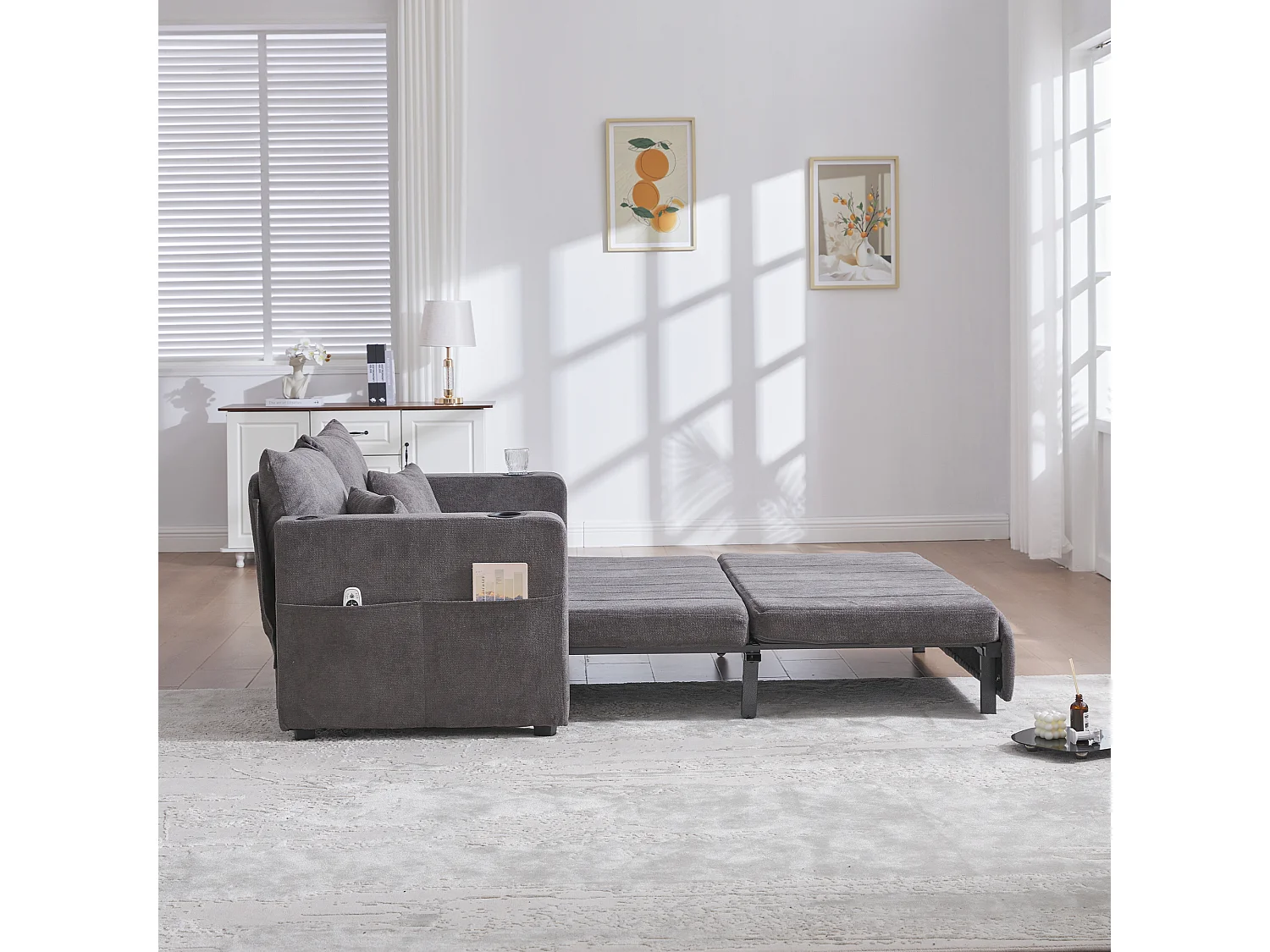 Wandelbares Sofa mit Seitentaschen, Getränkehaltern und USB-Ladeanschluss – Graues Chenille