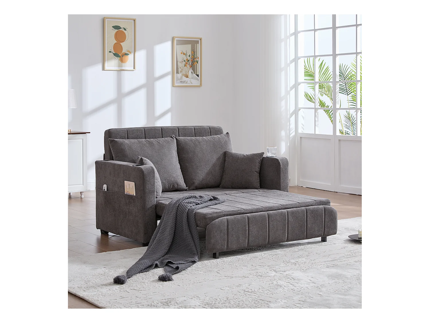 Canapé convertible avec poches latérales, porte-gobelets et ports de chargement USB - Chenille grise