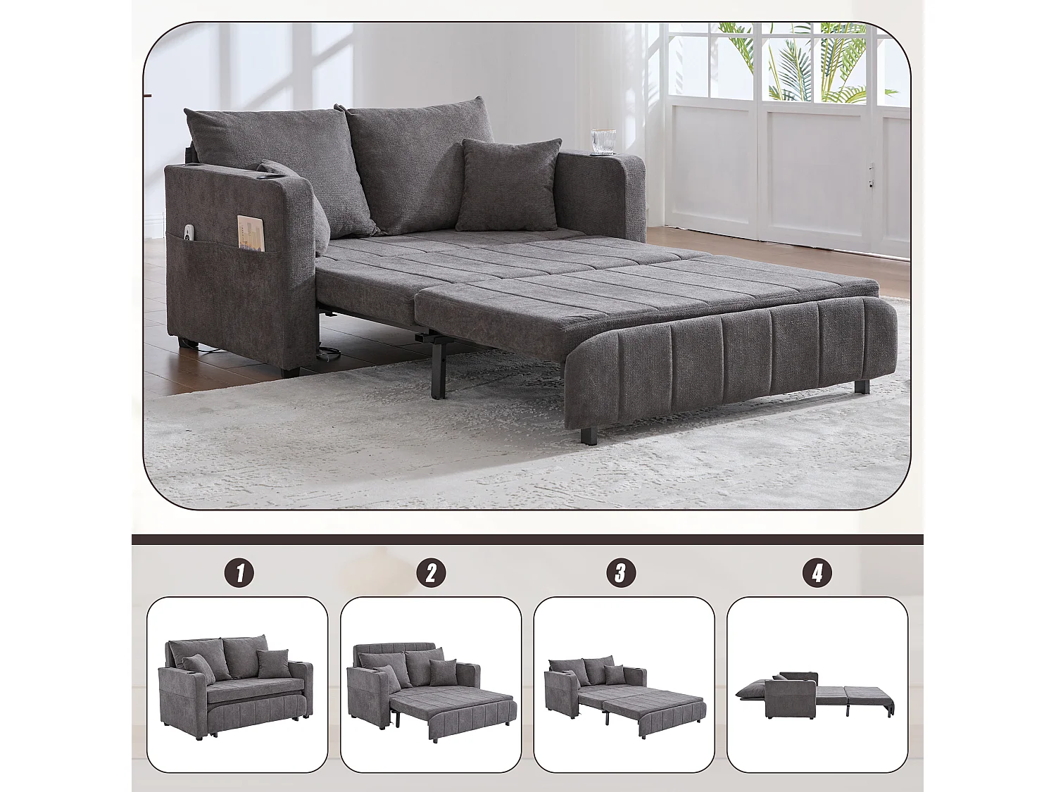 Wandelbares Sofa mit Seitentaschen, Getränkehaltern und USB-Ladeanschluss – Graues Chenille