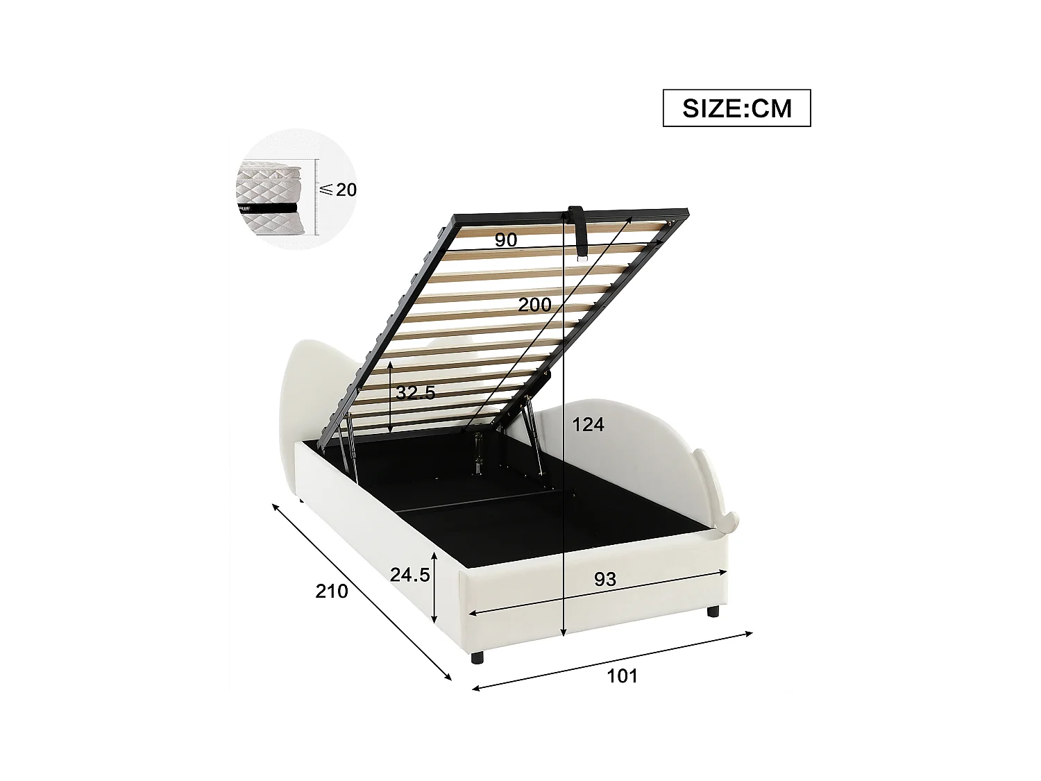 Kinderbed met opbergruimte 90x200 cm, gestoffeerd hoofdbord, rechter zijpaneel, beige fluweel - zonder matras