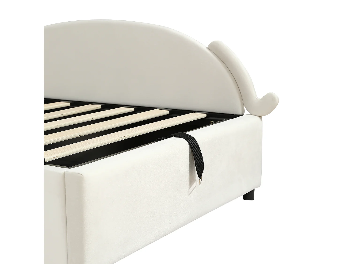 Kinderbett mit Bettkasten 90x200 cm, gepolstertes Kopfteil, rechtes Seitenpaneel, beiger Samt - ohne Matratze