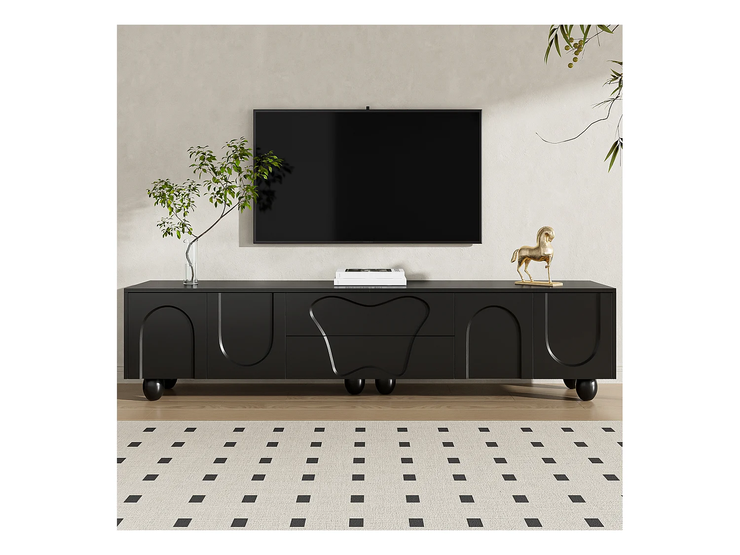 Meuble TV 180 cm avec 2 tiroirs de rangement et 4 portes incurvées à motifs - Noir