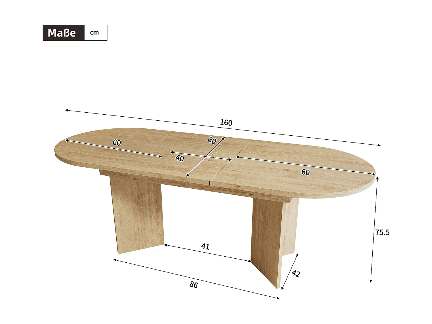 Table à manger extensible 120/160 x 80 cm, finition chêne – pour 4 à 6 personnes