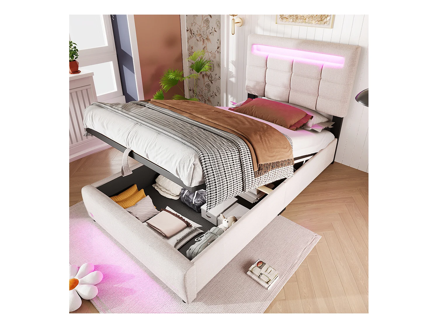 Lit coffre adulte 90x200 cm avec éclairage LED et port USB, lin beige - sans matelas