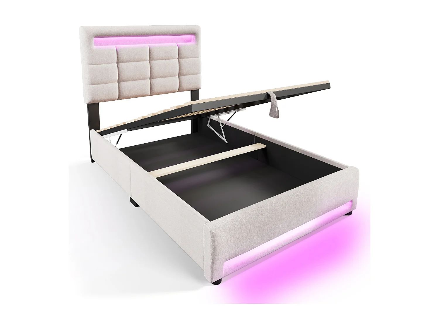 Volwassen opbergbed 90x200 cm met LED-verlichting en USB-poort, beige linnen - zonder matras