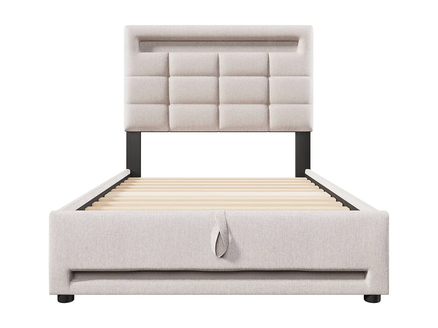 Volwassen opbergbed 90x200 cm met LED-verlichting en USB-poort, beige linnen - zonder matras