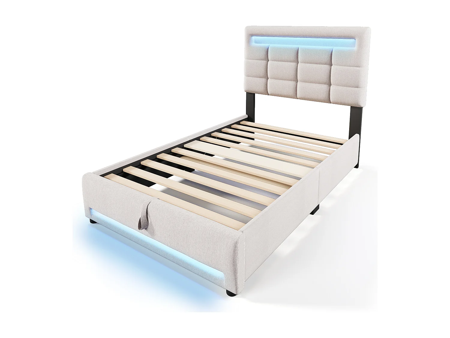 Volwassen opbergbed 90x200 cm met LED-verlichting en USB-poort, beige linnen - zonder matras