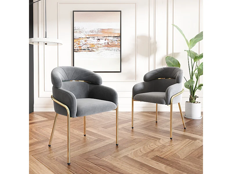Zestaw 2 krzeseł do jadalni z szarego aksamitu z tapicerowanym oparciem i złotymi metalowymi nogami