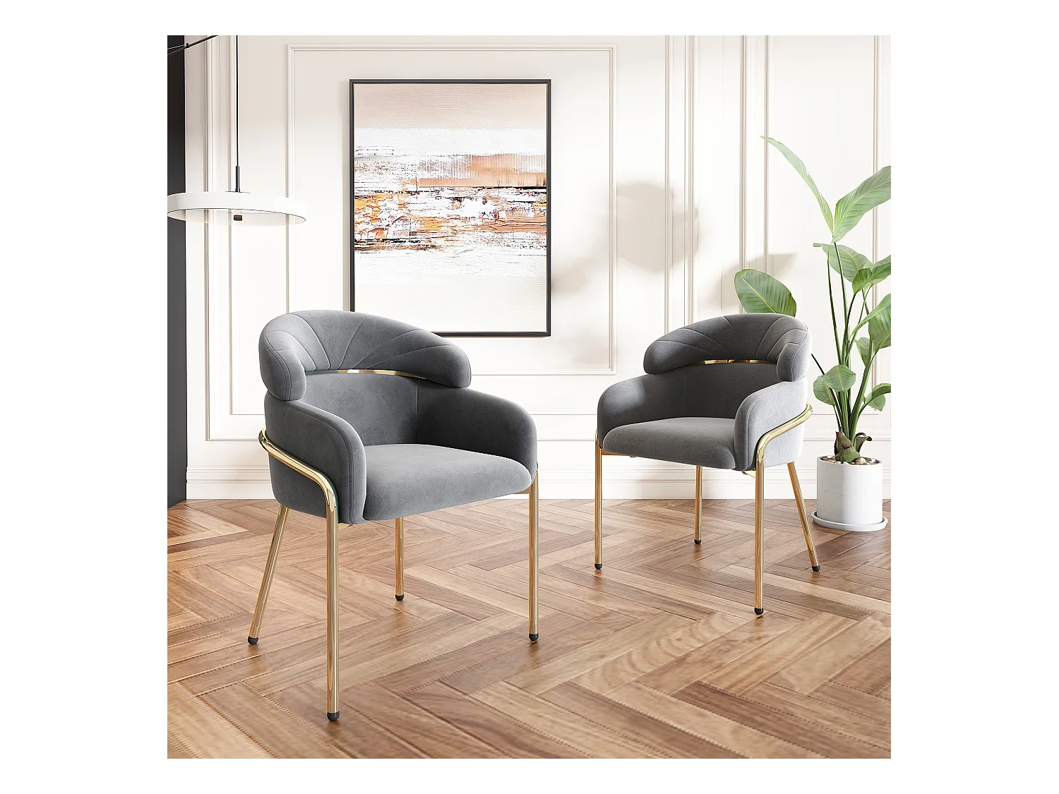 Lot de 2 chaises de salle à manger en velours gris avec dossier rembourré et pieds en métal doré