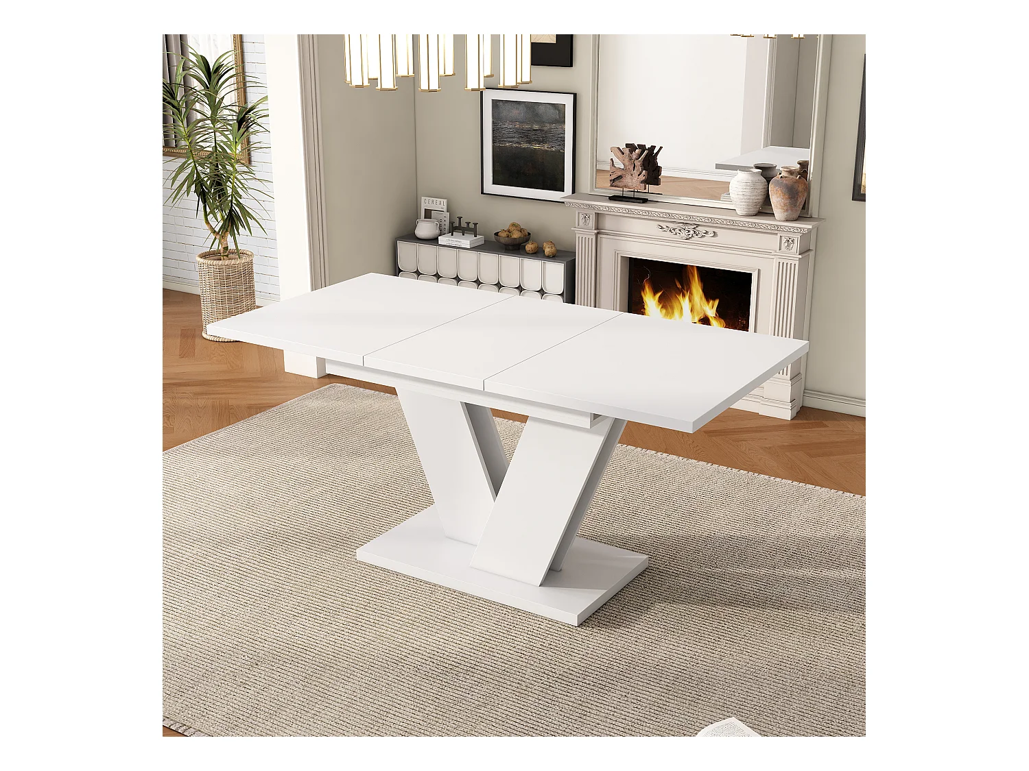 Table à manger rectangulaire 120/160 x 80 cm extensible, blanche avec pieds en V – pour 4 à 6 personnes