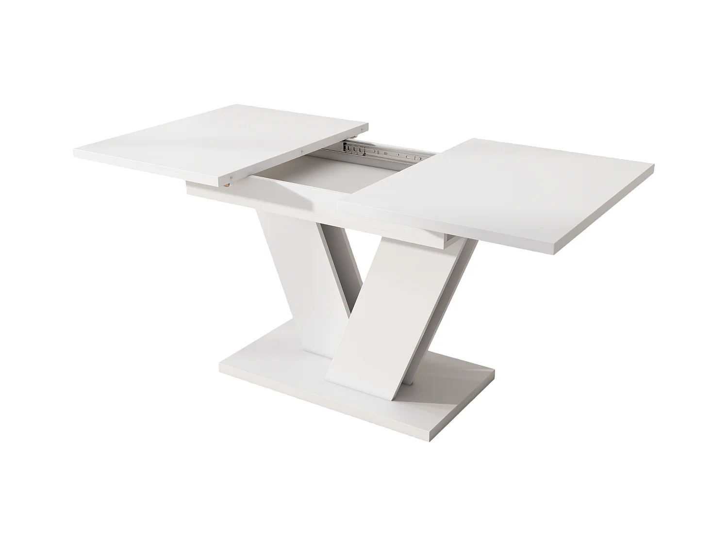 Table à manger rectangulaire 120/160 x 80 cm extensible, blanche avec pieds en V – pour 4 à 6 personnes