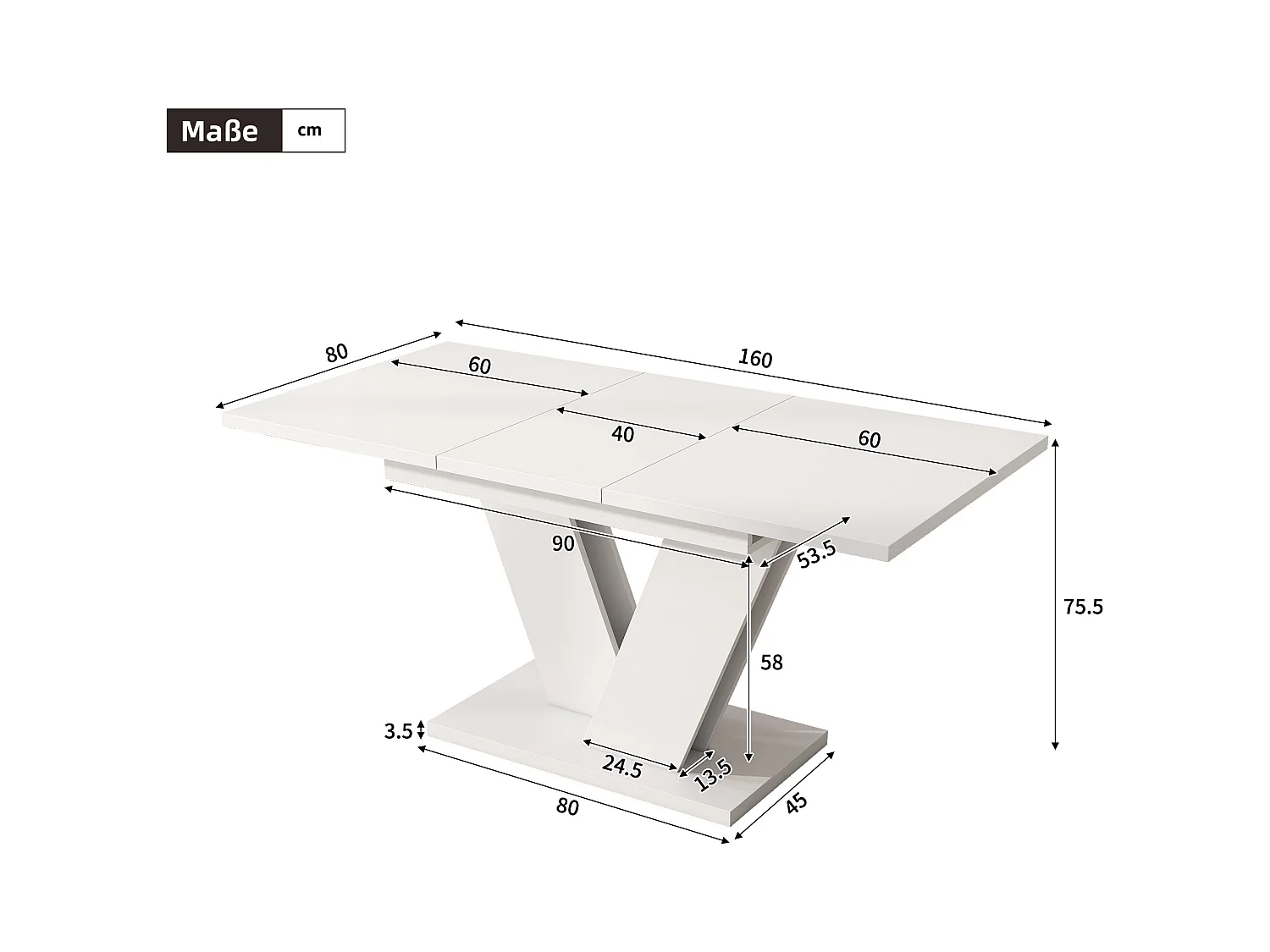 Ausziehbarer rechteckiger Esstisch 120/160 x 80 cm, weiß mit V-förmigen Beinen – Für 4 bis 6 Personen
