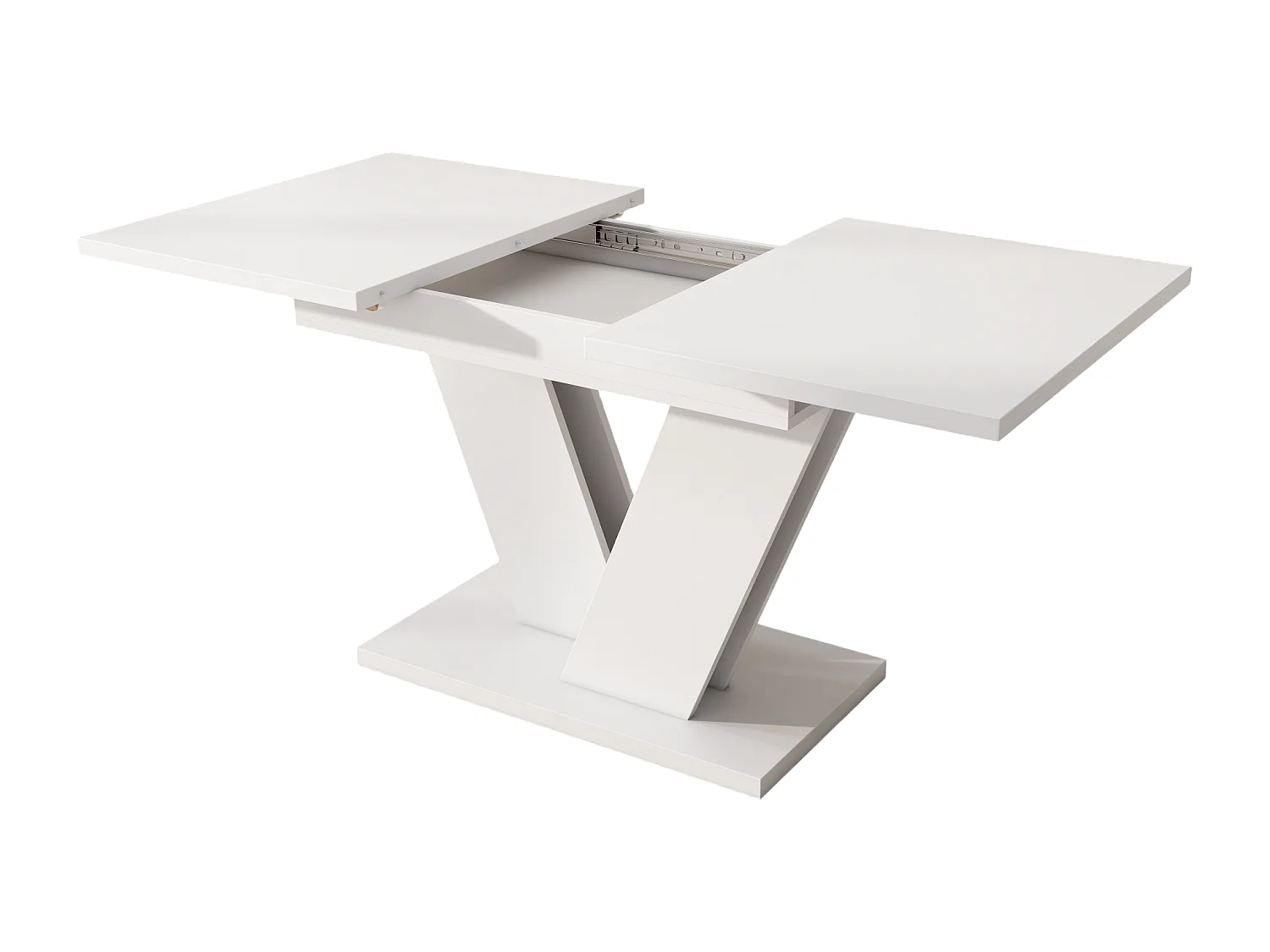 Table à manger rectangulaire 120/160 x 80 cm extensible, blanche avec pieds en V – pour 4 à 6 personnes
