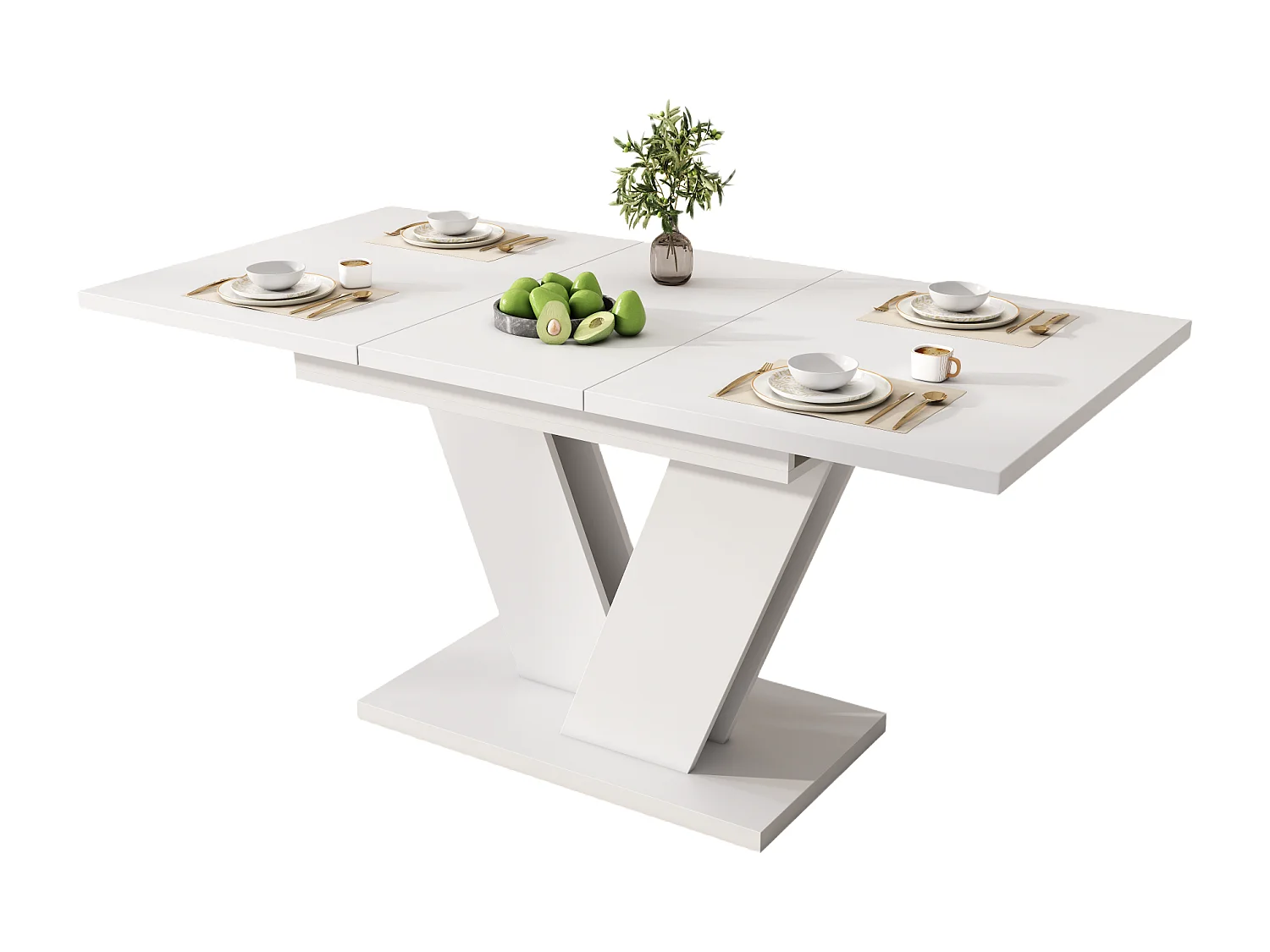 Table à manger rectangulaire 120/160 x 80 cm extensible, blanche avec pieds en V – pour 4 à 6 personnes