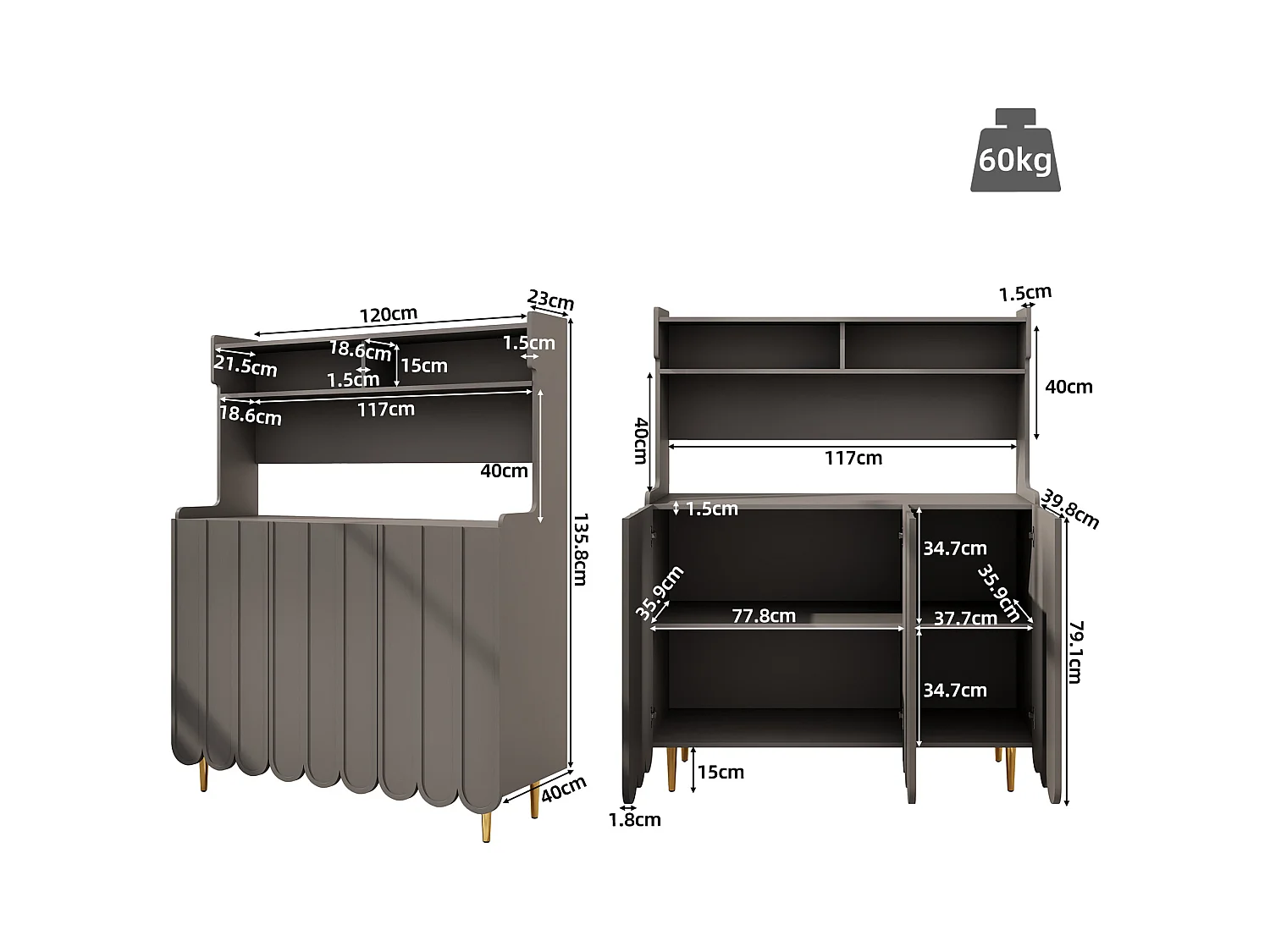 Szara komoda z 3 drzwiami i otwartymi półkami, złote nogi – do salonu i kuchni