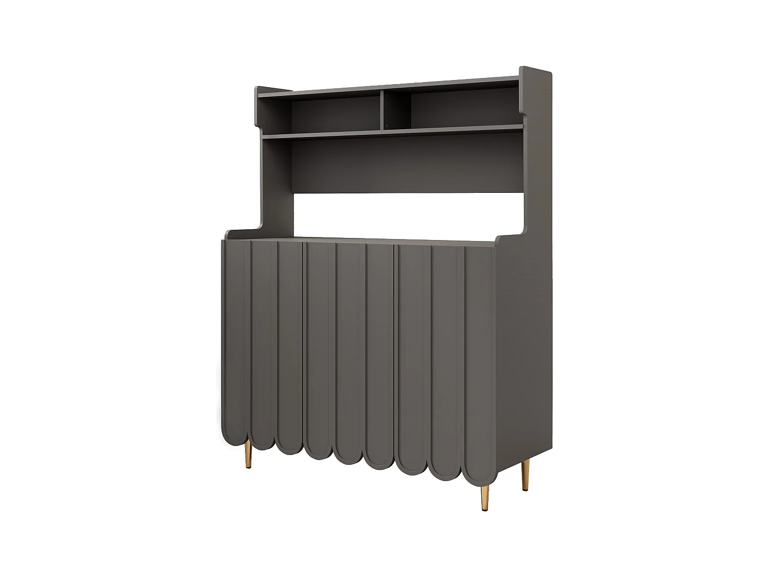 Szara komoda z 3 drzwiami i otwartymi półkami, złote nogi – do salonu i kuchni