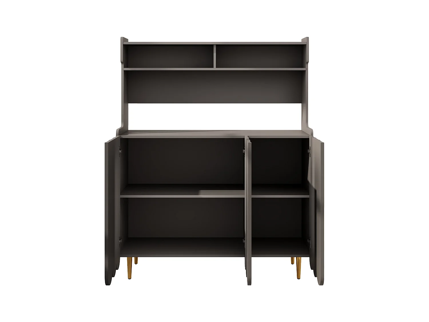 Szara komoda z 3 drzwiami i otwartymi półkami, złote nogi – do salonu i kuchni