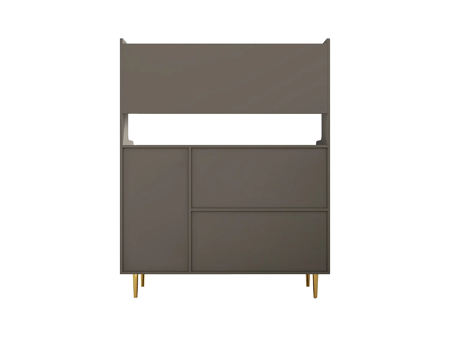 Szara komoda z 3 drzwiami i otwartymi półkami, złote nogi – do salonu i kuchni