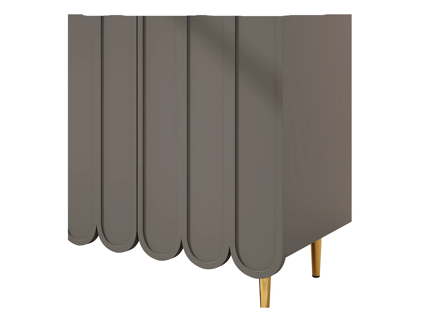 Szara komoda z 3 drzwiami i otwartymi półkami, złote nogi – do salonu i kuchni