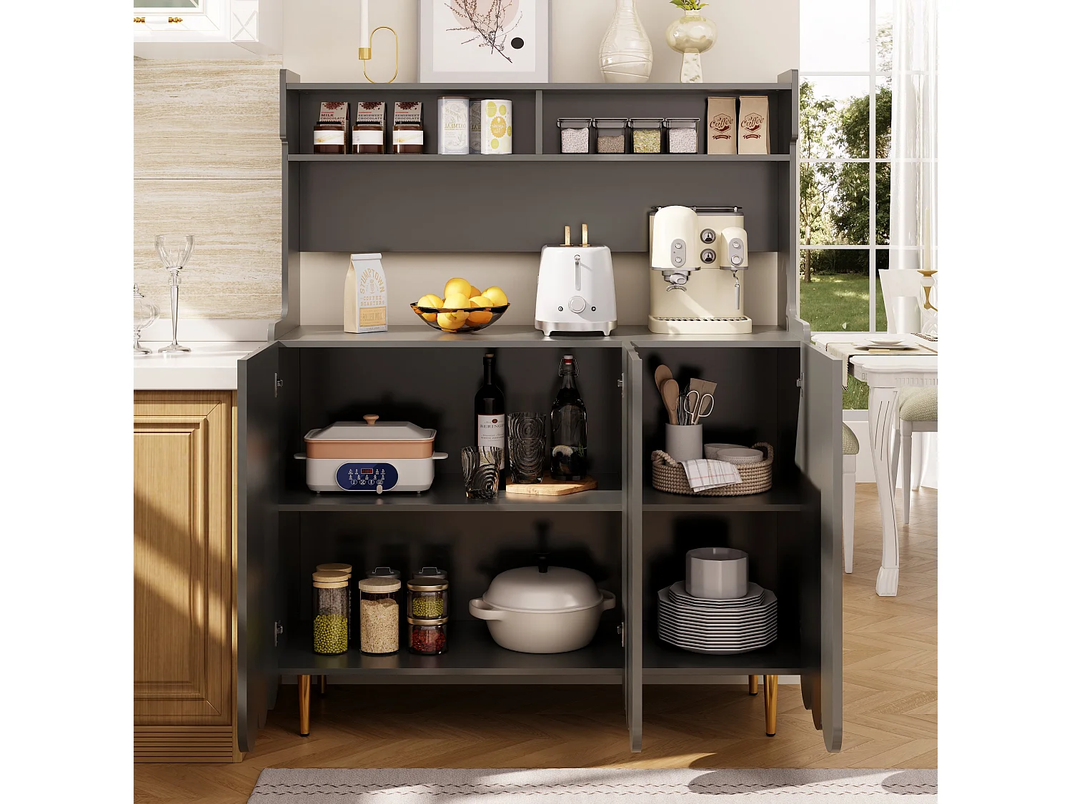 Buffet gris avec 3 portes et étagères ouvertes, pieds dorés - pour salon et cuisine