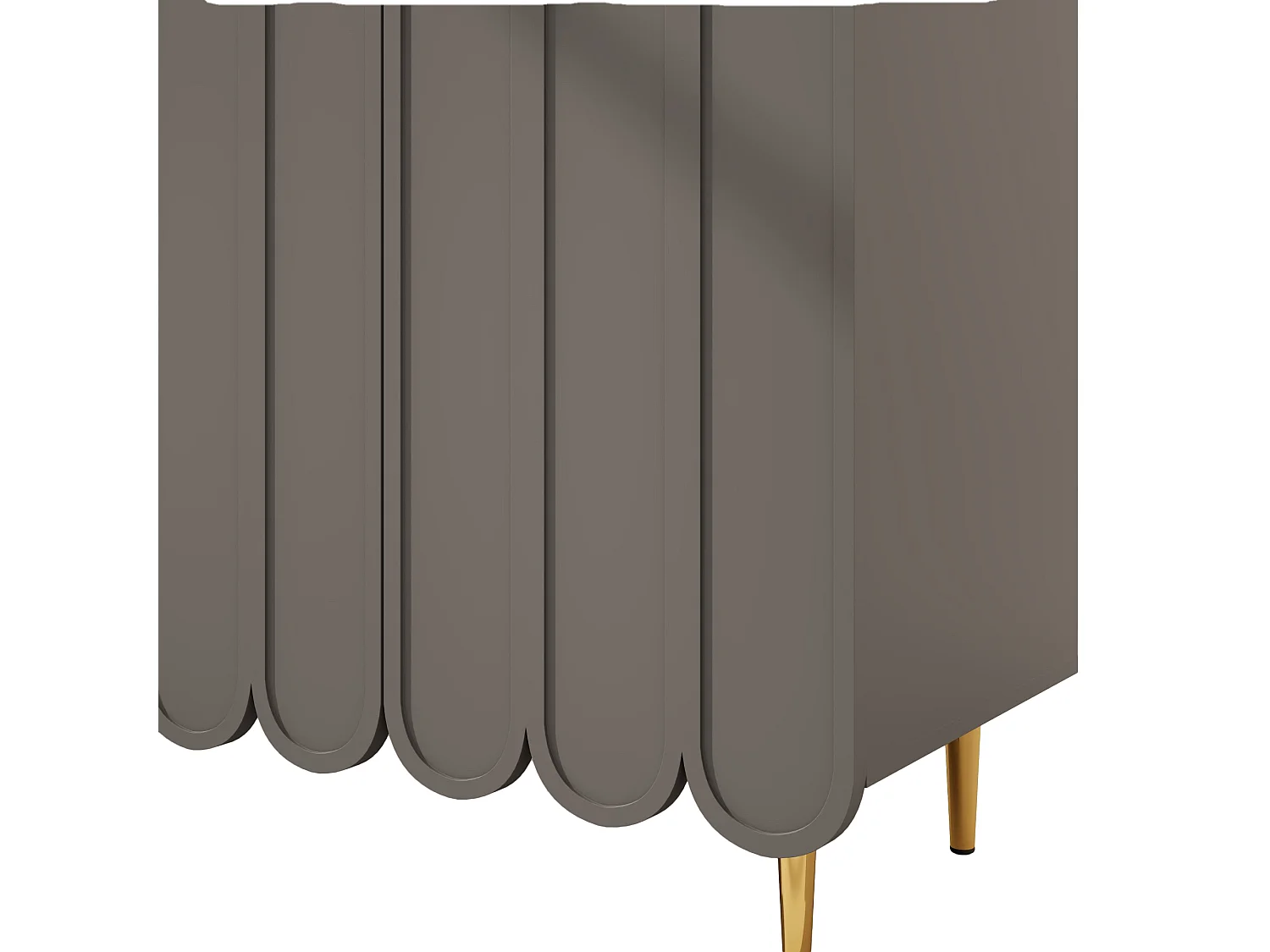 Buffet gris avec 3 portes et étagères ouvertes, pieds dorés - pour salon et cuisine