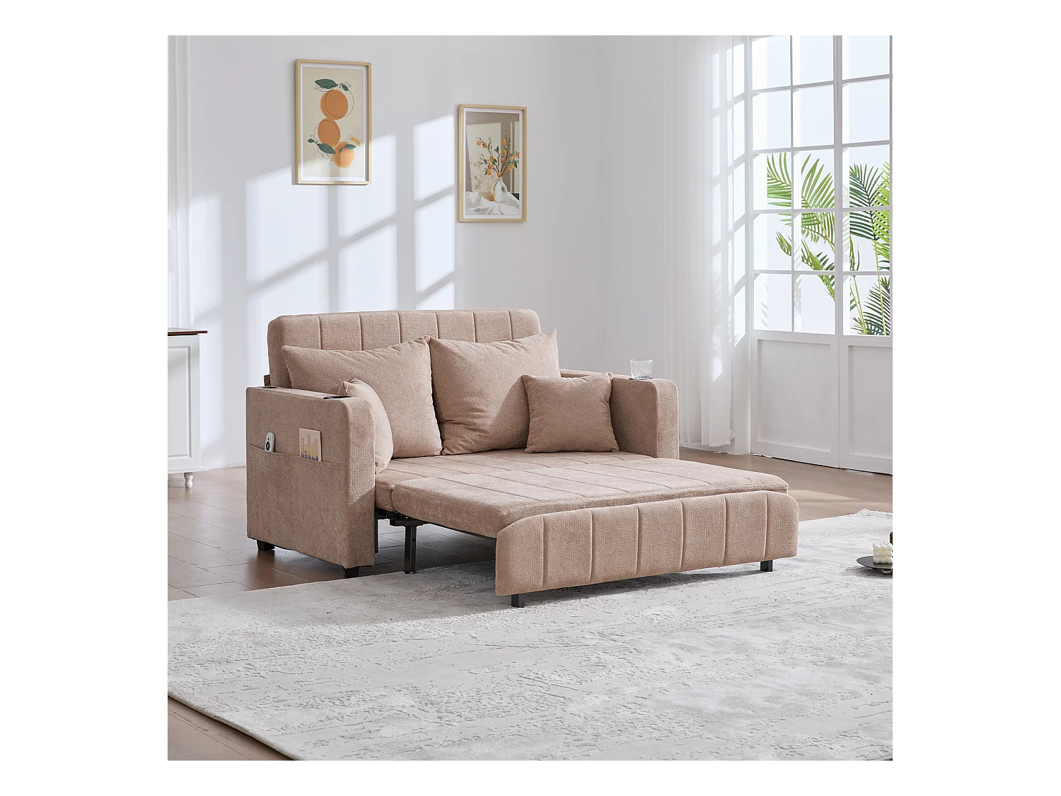 Canapé convertible avec poches latérales et porte-gobelets, port de chargement USB - Chenille kaki