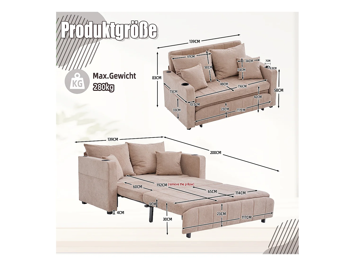 Wandbares Sofa mit Seitentaschen, Getränkehaltern und USB-Ladeanschluss – Khakifarbenes Chenille