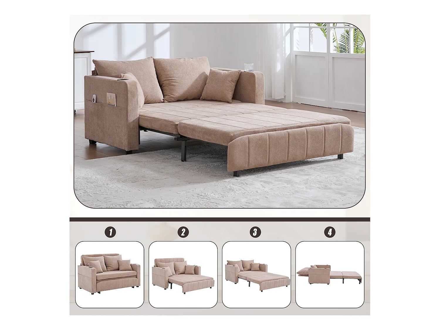 Wandbares Sofa mit Seitentaschen, Getränkehaltern und USB-Ladeanschluss – Khakifarbenes Chenille