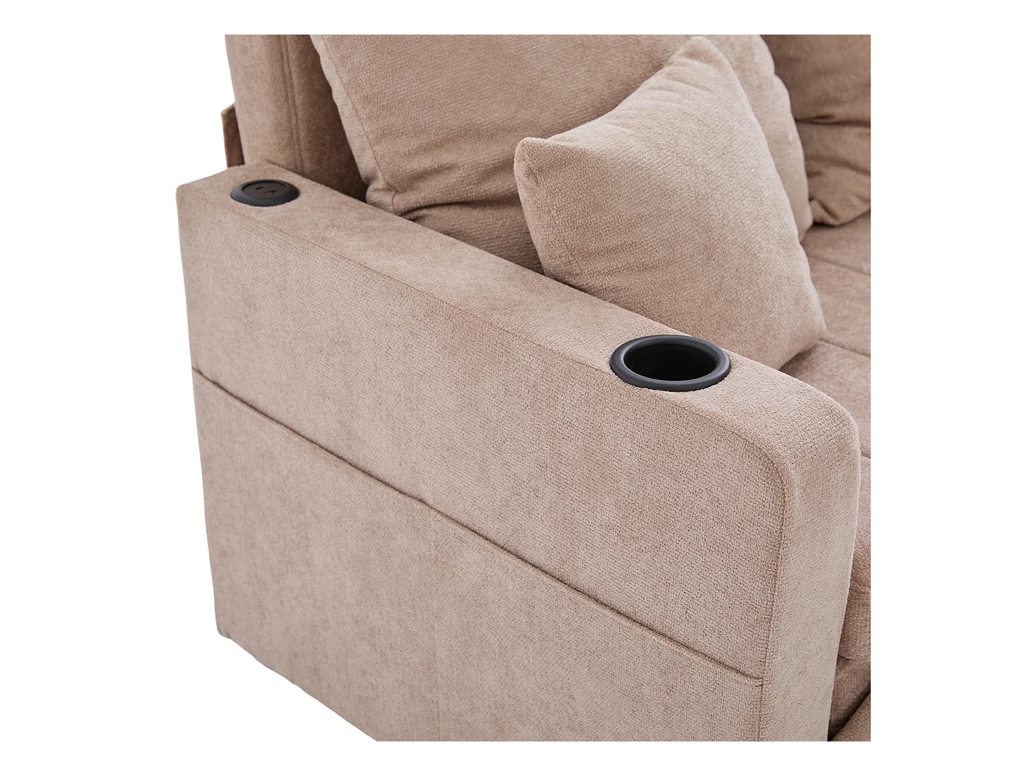 Wandbares Sofa mit Seitentaschen, Getränkehaltern und USB-Ladeanschluss – Khakifarbenes Chenille
