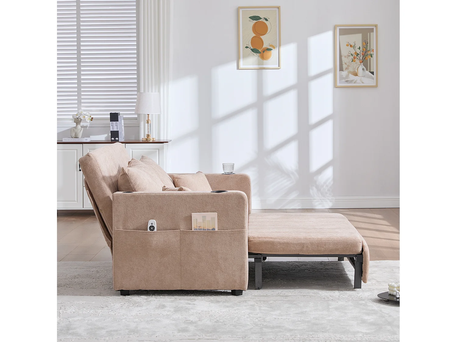 Canapé convertible avec poches latérales et porte-gobelets, port de chargement USB - Chenille kaki