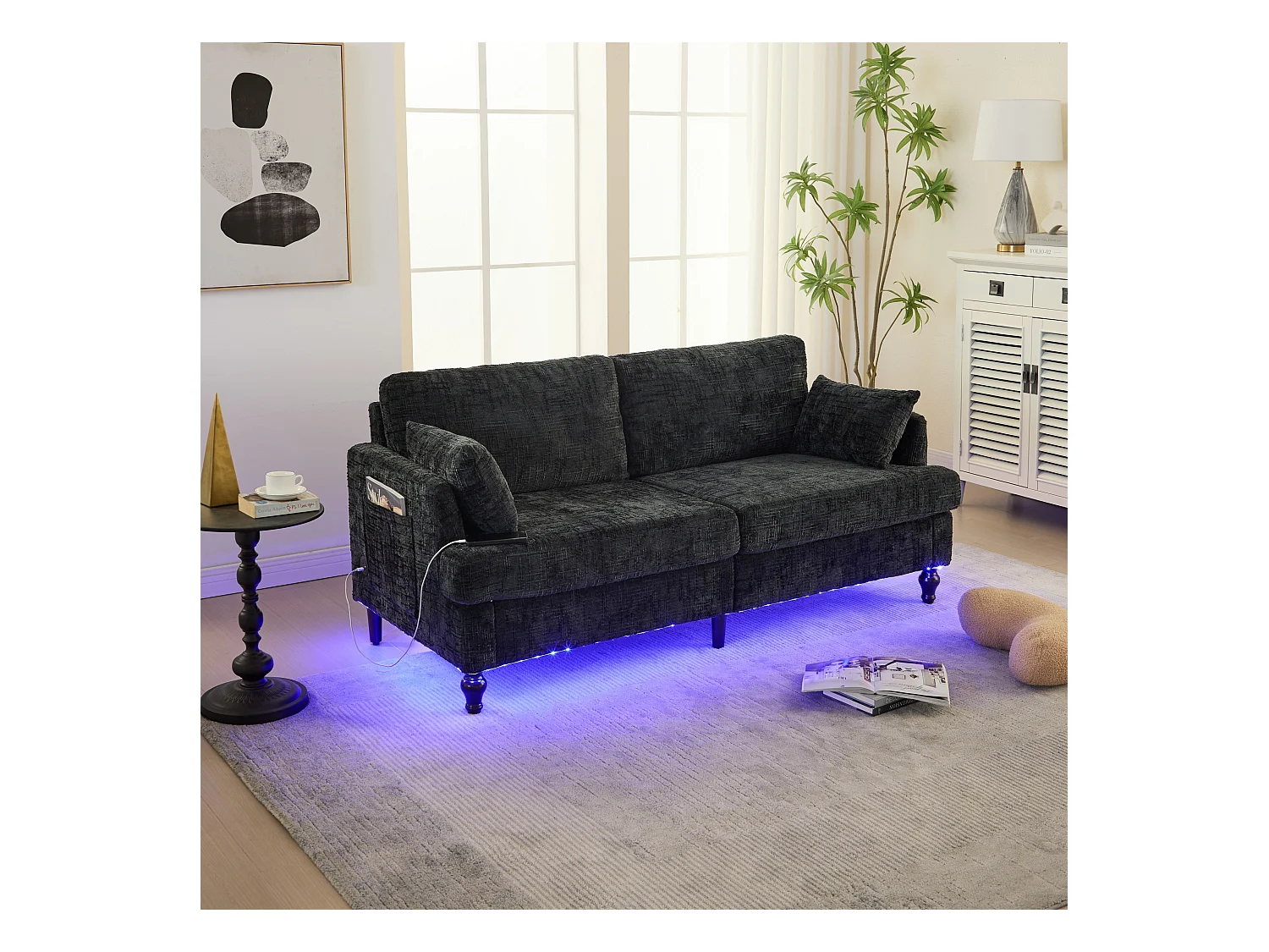 Canapé 2 places avec éclairage LED et port USB, pieds en bois - tissu chenille noir