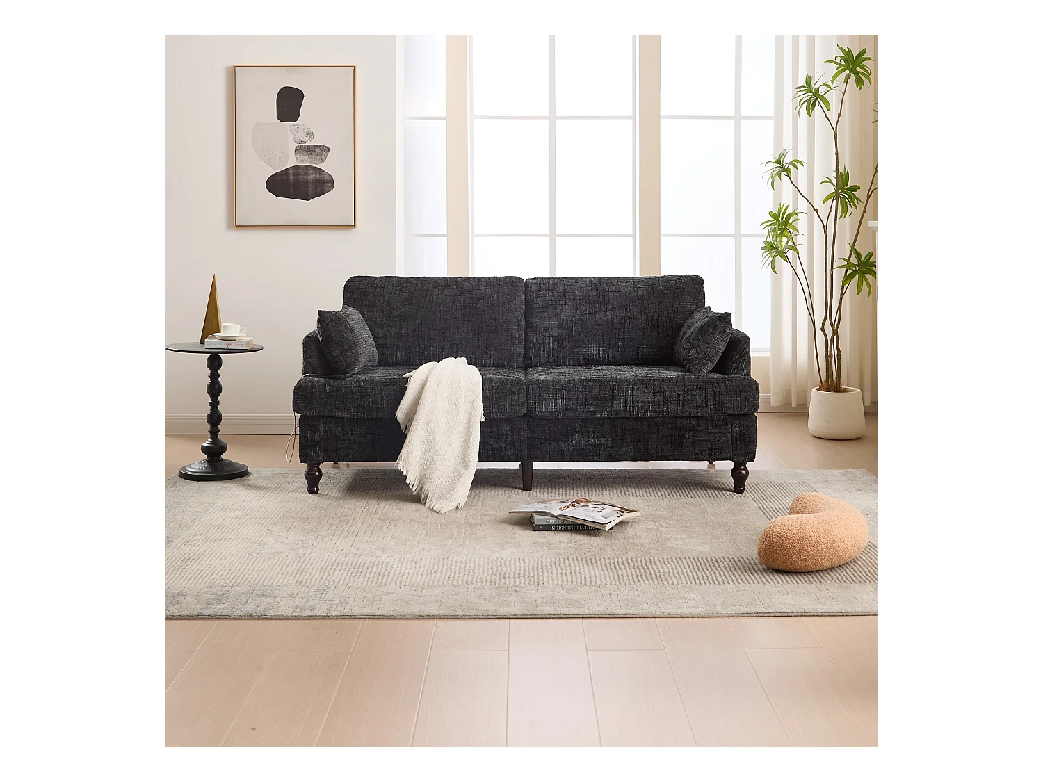 Canapé 2 places avec éclairage LED et port USB, pieds en bois - tissu chenille noir